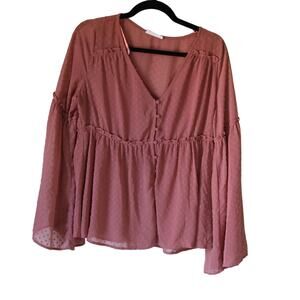 Women's Jax & Henley Dusty Rose Peasant Top Shirt V‎ Neck Medium